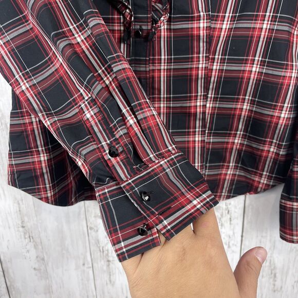 Talbots Top Women 8 Red Black Plaid Ruffle Button Up Blouse Gothic Grunge Twee - Picture 4 of 8
